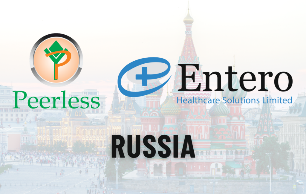 Brand banner showing Peerless logo, Entero Healthcare Solutions Limited logo, and Russia branding over a Moscow skyline